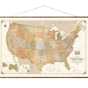 USA Karte Up to Date aktuelle USA Rollkarte Dekorative Vintage Stil Landkarte auf Leinwand Anstecknadel Reisekarte