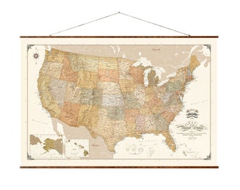 United States Map Modern Up to Date Pull Down Current USA Scroll Decorative Vintage Style Map on Canvas