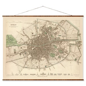 Dublin Vintage European City Map on Ready to Hang Roll Down Canvas Decorative Antique Wall Decor Map Scroll of Ireland