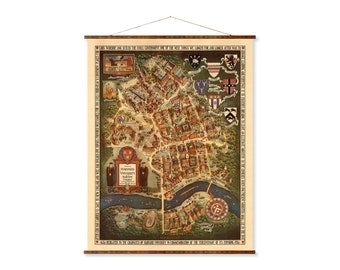 Map of Harvard Vintage College Map on Ready to Hang Roll Down Canvas Decorative Wall Decor Map Scroll