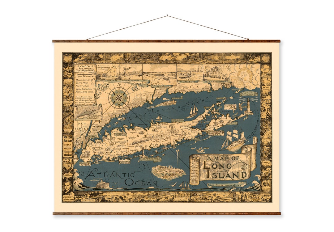 Long Island Map Vintage City Map on Ready to Hang Roll Down Canvas