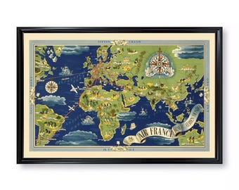 Vintage Air France Map Poster (1937 Airline Routes, Wall Decor)