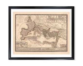 May include: An antique map of the Roman Empire, showing the provinces and territories of the Roman Empire. The map is printed in black and white on a cream-colored paper. The map is framed in a black frame.