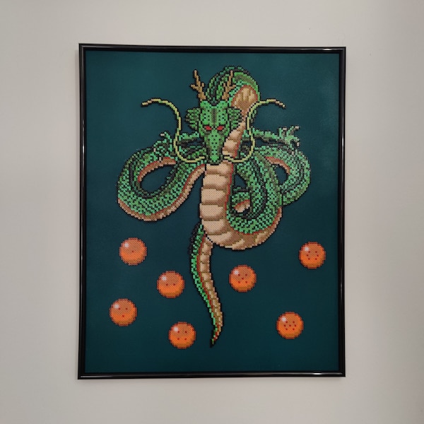 Tableau Shenron et les boules de cristal de Dragon Ball Z en pixel art - Cadre mural en perles manga/animé Dragon Ball Super