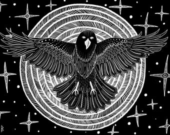 Crow / Morrigan - Digital Print - B&W