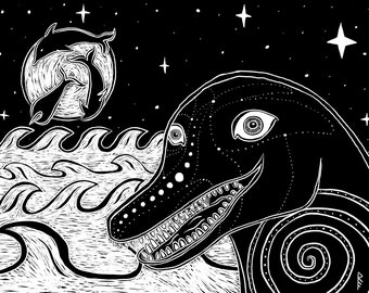 Dolphin Moon - Digital Print - B&W