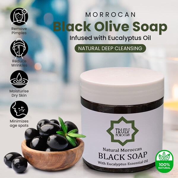 Moroccan Black Soap Infused with Eucalyptus Oil + Exfoliating Kessa Glove