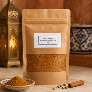 May include: A brown paper pouch containing 50g of Ras-el-Hanout Moroccan mixed spice. The pouch features a clear window displaying the orange-brown spice blend, a white label with black text, and a resealable top. A small bowl of spice and a cinnamon stick sit nearby.