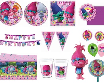 TROLLS Party supplies Decorating Balloons Napkins Plates Tablecover Flag banner