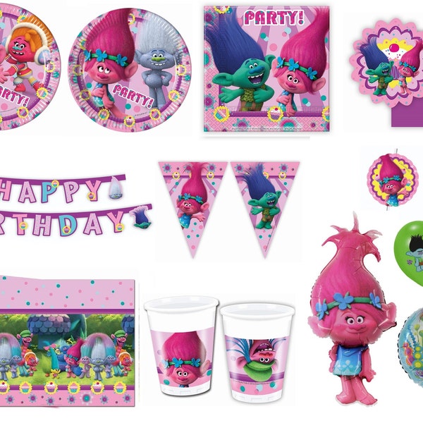 TROLLS Party supplies Decorating Balloons Napkins Plates Tablecover Flag banner