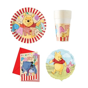 Artigos para festa do Ursinho Pooh Decoração de mesa Pratos Copos Toalha de mesa Chapéus Banner Balões Cartão de convite Velas