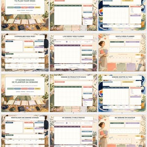 Könnte beinhalten: Ein digitales Planer-Set mit zwölf verschiedenen Vorlagen für die wöchentliche Organisation, darunter Layouts für sanfte Produktivität, ADHS-freundliche Planung, Überlastungs-Reset, niedrige Energie und sanfte Wochenplanung, in Englisch und Französisch.