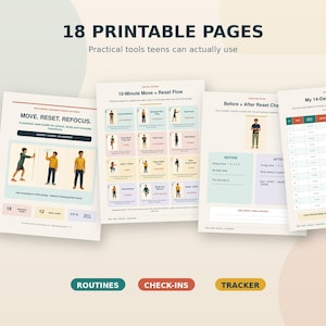 May include: A set of 18 printable pages featuring movement and reset tools. The documents include a 10-minute move and reset flow with illustrated exercises, a before and after reset check-in sheet, and a 14-day reset tracker with tables.
