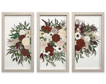 12" x 24" Trio Panels Pressed (Framed) | Floral Preservation | Wedding Bouquets | Custom Wedding | Memorial Preservation