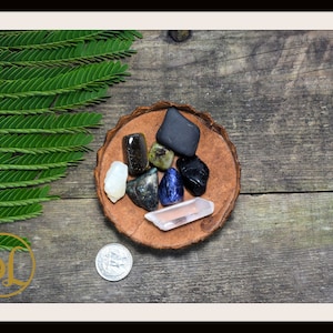 May include: A collection of polished gemstones in various colors, including black, blue, and clear, arranged on a small, round, brown, bark-like dish. The dish sits on a weathered wooden surface, with a sprig of green leaves and a coin in the background.