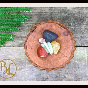 May include: A collection of colorful gemstones, including red, green, yellow, and black stones, arranged on a rustic, brown, wooden coaster. Green fern-like leaves are on the left side of the image. The logo "BL" is in the lower left corner.