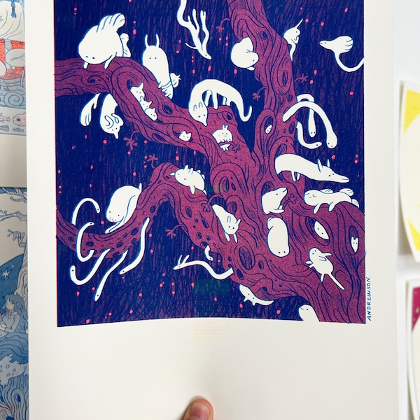 Midnight Tree Risograph Print in Fluorescent Pink, Blue, and Yellow Riso