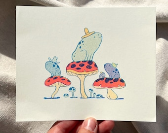 Frog Friends Small Risograph Print