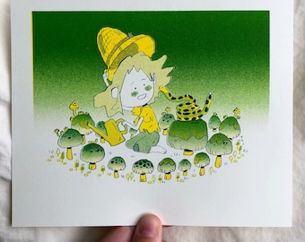 Mushroom Gardener Small Risograph Print