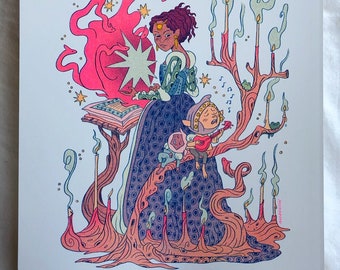 May include: A woman in a blue and purple dress with a crown on her head is holding a book. She is surrounded by candles and a glowing star. A small creature with a guitar is sitting on a branch.