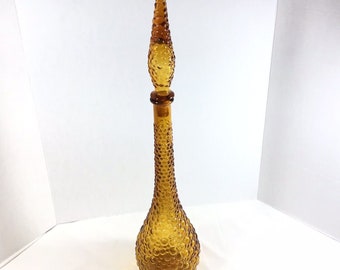 Vtg MCM Genie Bottle Decanter 22" flame tip Tall Italian Empoli Amber hobnail Glass