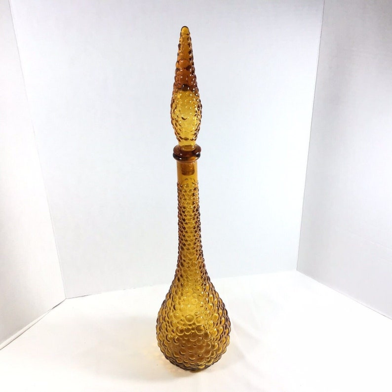 Vtg MCM Genie Bottle Decanter 22 flame tip Tall Italian Empoli Amber hobnail Glass image 1