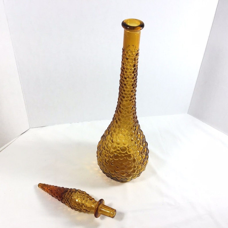 Vtg MCM Genie Bottle Decanter 22 flame tip Tall Italian Empoli Amber hobnail Glass image 2