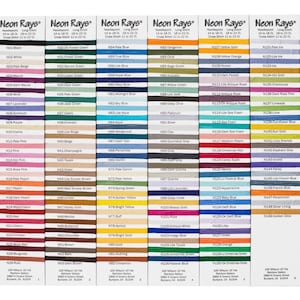 May include: A color chart of embroidery floss with over 100 different colors. The chart is labeled "Neon Rays" and includes the floss number and color name for each color.