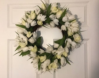 Easy Spring Summer 21" Wreath Kit Silk Floral Yellow White Tulips Front Door DIY kit Bow tutorial included