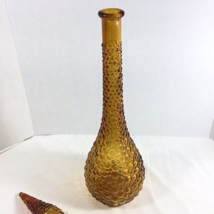 Vtg MCM Genie Bottle Decanter 22 flame tip Tall Italian Empoli Amber hobnail Glass image 4