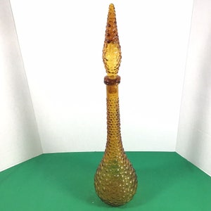 Vtg MCM Genie Bottle Decanter 22 flame tip Tall Italian Empoli Amber hobnail Glass image 8