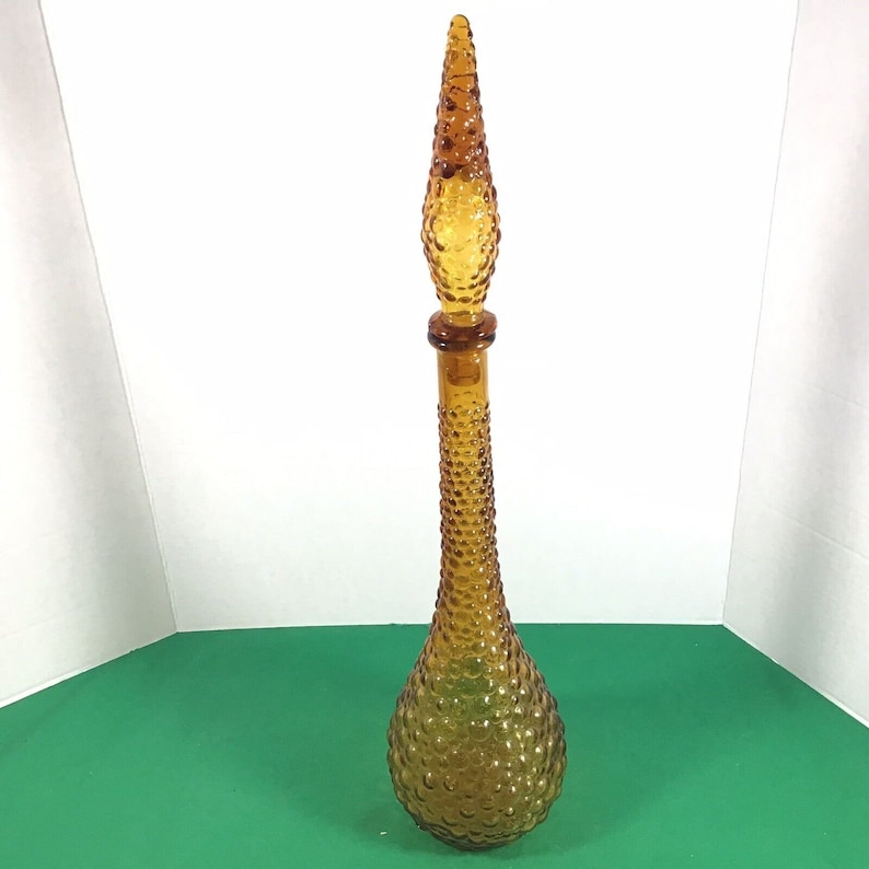 Vtg MCM Genie Bottle Decanter 22 flame tip Tall Italian Empoli Amber hobnail Glass image 8