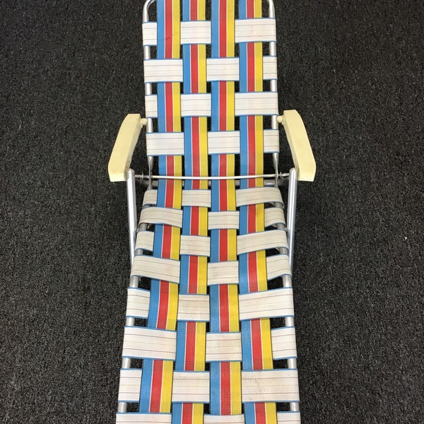 Child size Vtg 1970s Aluminum Folding Chaise Lounge chair rainbow pride webbed pool beach backyard MCM Patio 47”x13” very rare kid size EUC