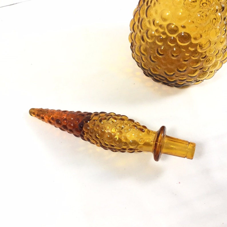 Vtg MCM Genie Bottle Decanter 22 flame tip Tall Italian Empoli Amber hobnail Glass image 3