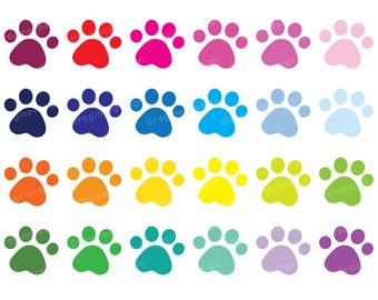 May include: A collection of colorful paw print graphics in various shades, including purple, red, pink, blue, orange, yellow, green, and teal. The paw prints are arranged in rows and columns, suitable for pet-themed designs.