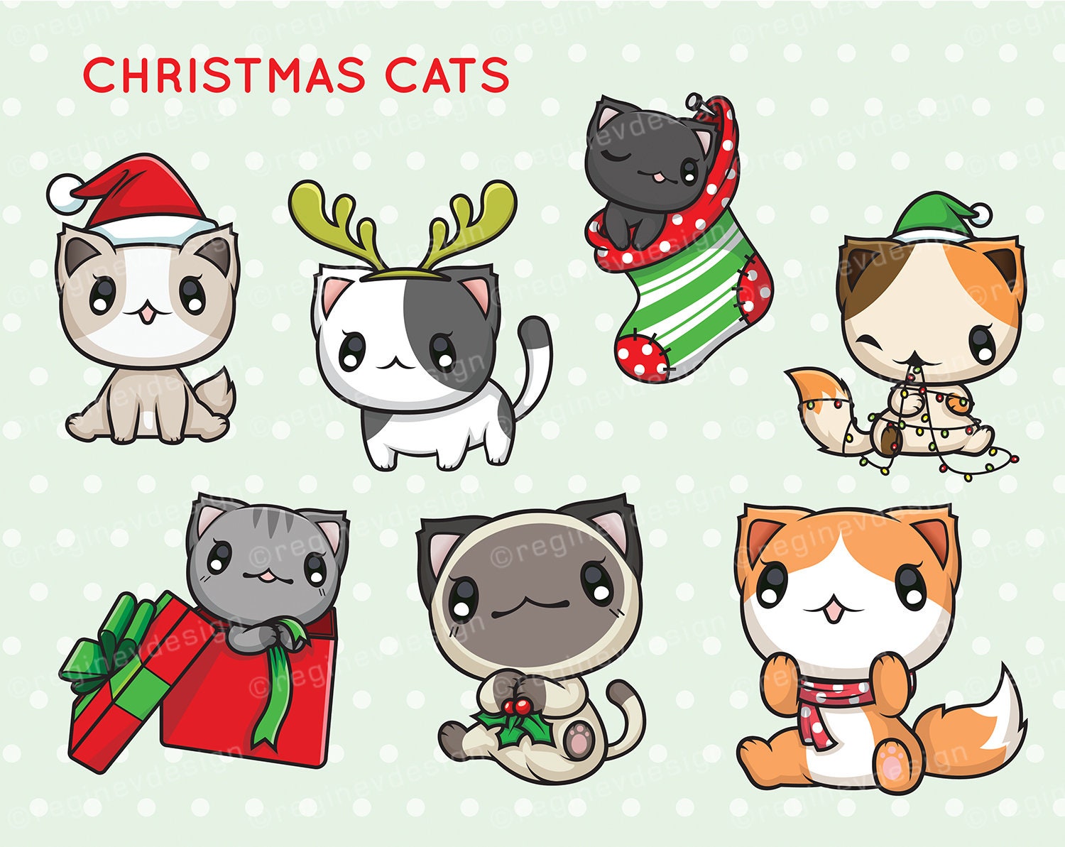 Download Christmas Cat Clipart Kitten Cats Kitty Vector Chibi | Etsy