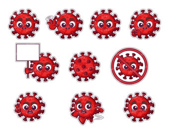 Red Virus Clipart, Dibujos animados, Gérmenes, Vector, Kawaii, Chibi, Scrapbooking, Eps, Uso comercial, Imprimible