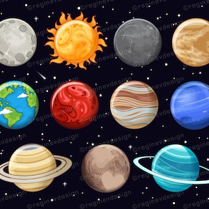 May include: A colorful illustration of the planets in our solar system against a dark blue starry background. The planets include Earth, Mars, Jupiter, Saturn, Uranus, Neptune, Venus, Mercury, the Moon, and the Sun.