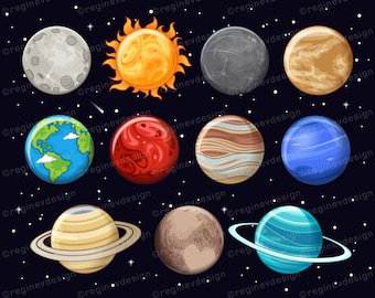 Solar System Planets Cartoon Clipart, Sun Moon Earth Vector (Digital Download)