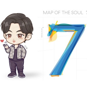 BTS Jin Chibi, Kawaii, Kreskówka, Clipart, K-pop, Ji Seok-jin, RM, J-hope, Suga, Jimin, Taehyung, Jungkook, Ilustracja (Do druku)