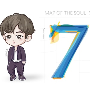 BTS Suga Chibi, Kawaii, Kreskówka, Clipart, K-pop, Min Yoongi, Rm, Jin, J-hope, Suga, Jimin, Taehyung, Jungkook, Ilustracja (Do druku)