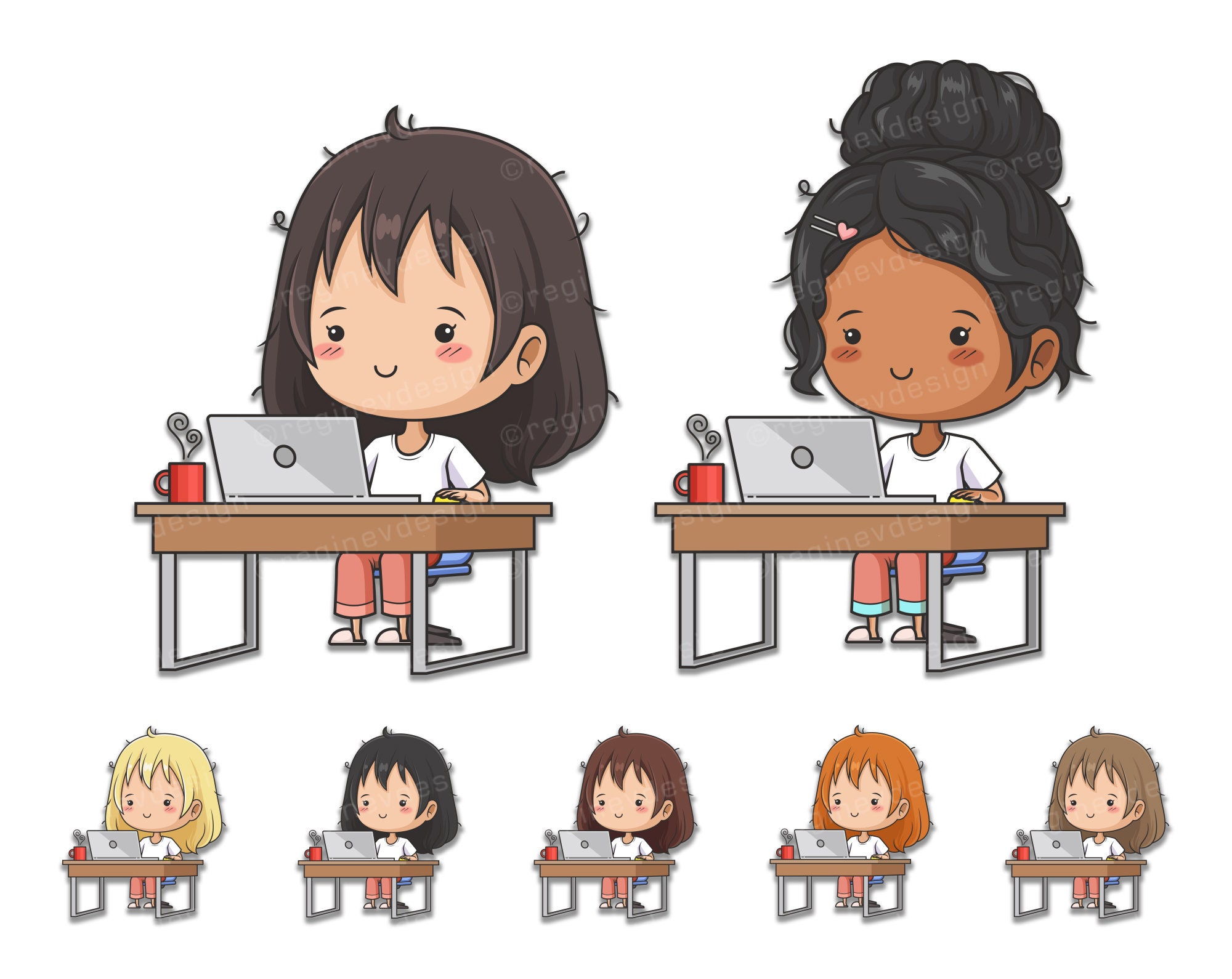 SVG, Work From Home Clipart, Working Girl Cartoon, Black Girl, Blonde