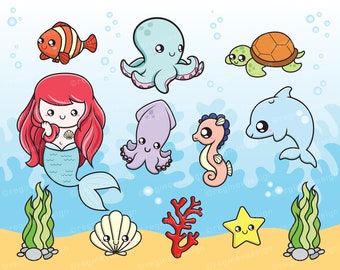 Lindo bebé criaturas marinas clipart, sirena, pulpo, delfín, tortuga, calamar, caballito de mar, pez, chibi, vector, kawaii, uso comercial (imprimible)