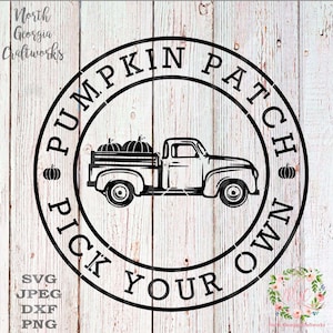 May include: Black and white illustration of a vintage pickup truck with pumpkins in the bed. The truck is inside a circle with the text "Pumpkin Patch Pick Your Own".