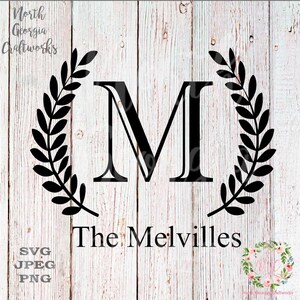 May include: Black and white monogram design featuring the letter "M" surrounded by a wreath of leaves. The text "The Melvilles" is below the monogram.