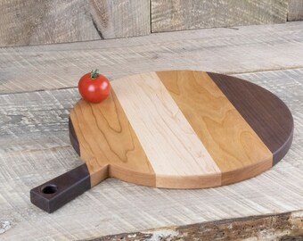 Walnut, Maple & Cherry Paddle Cheese Board, Round Charcuterie Platter, Pizza Serving Tray, Side cutting board, Canadian made, Thank You Gift