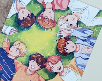 May include: A colourful illustration of seven cartoon figures lying on their backs in a circle on a green grassy field. The figures are all smiling and have different hair colours and clothing. The text "LOVE YOURSELF" is printed at the bottom of the image.
