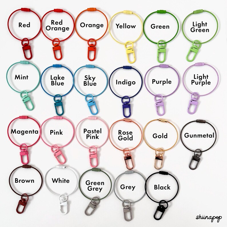 May include: Assortment of 20 colorful metal key rings with a variety of colors including red, orange, yellow, green, blue, purple, pink, gold, brown, white, grey, and black. Each key ring has a small metal hook.