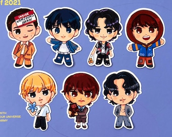 May include: Seven cartoon stickers of a K-pop boy band. Each sticker features a different member of the band in a colorful outfit. The stickers are on a blue background with the text "Memories of 2021" and "All about 365 days".
