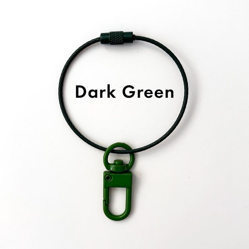 May include: Dark green key chain with a metal ring and a swivel clip. The key chain is made of a thin, flexible cable.